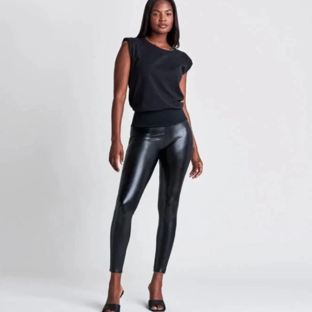 SPANX Faux Leather Women’s Black Metallic Mid Rise Pull On Athleisure Leggings M